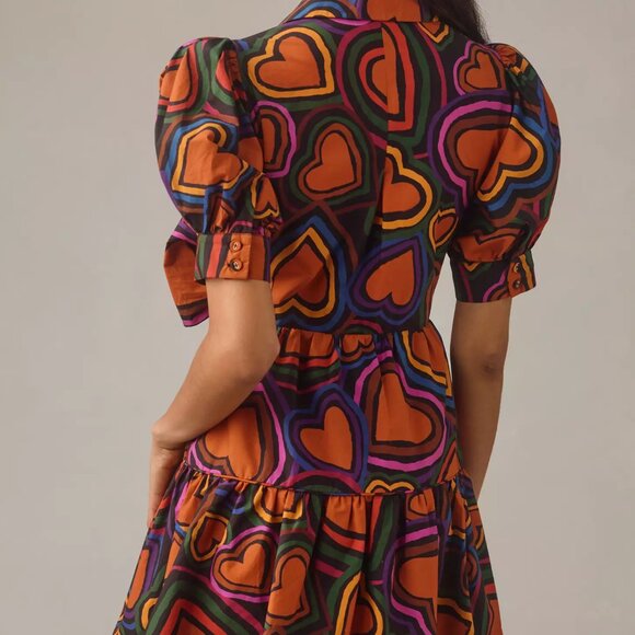 Anthropologie FARM Rio puff sleeve bow front colorful Heart Print Mini Dress M - Picture 4 of 8